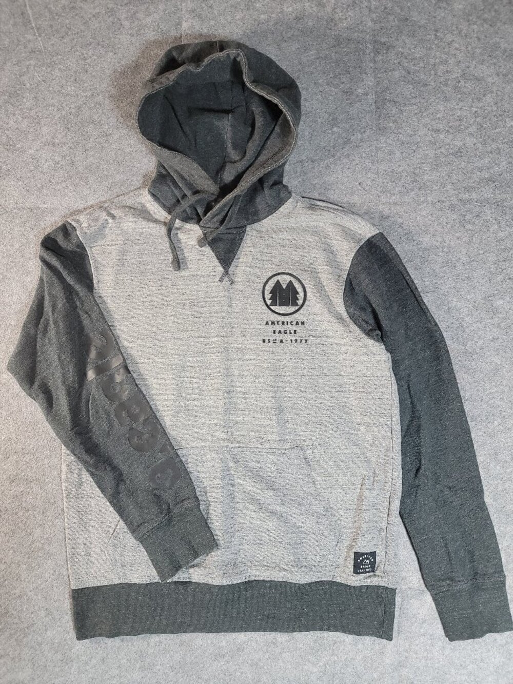 American Eagle Gray Colorblock Sleeve Graphic Spellout Hoodie Sweatshirt Small
